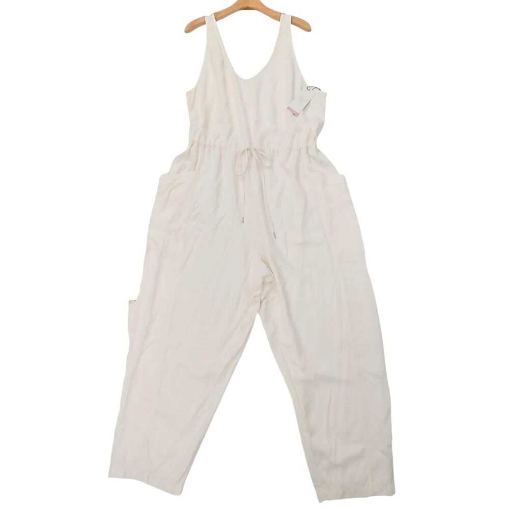 CALIA Relaxed Tie Waist Jumpsuit Womens XXL Cream Lyocell Drawstring Bohemian